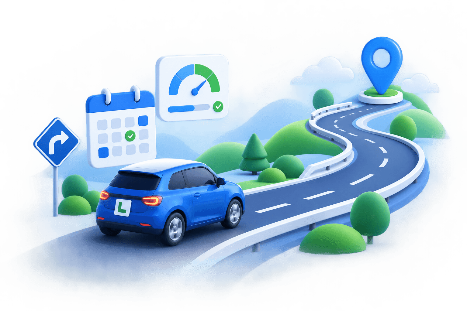 Illustrated learner journey with a car, calendar and progress gauge